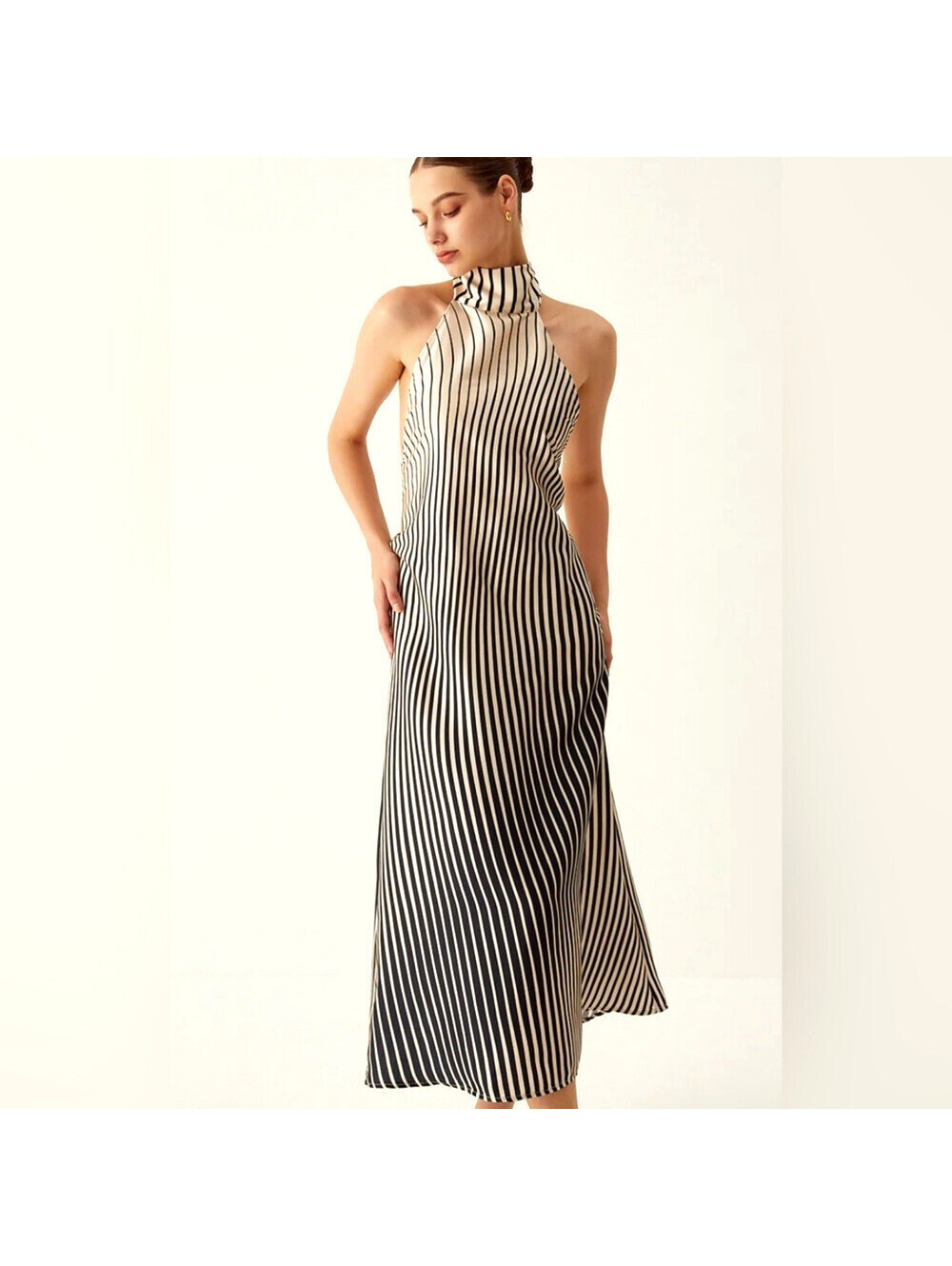 Zara Satin Effect Striped Dress S Small Black White Maxi Long Backless